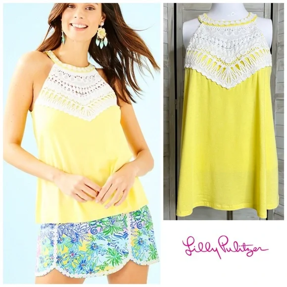 Lilly Pulitzer Dawn halter top Small pineapple juice yellow + white crochet lace - Picture 1 of 11